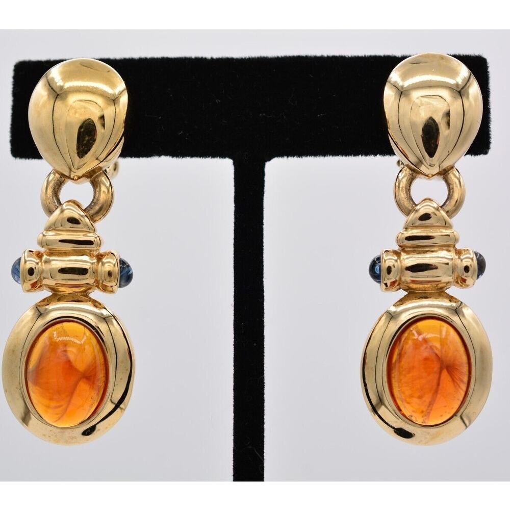 Ultima Edizione Vintage Cabochon ClipOn  Earrings Amber Chunky Signed 80s BinAR